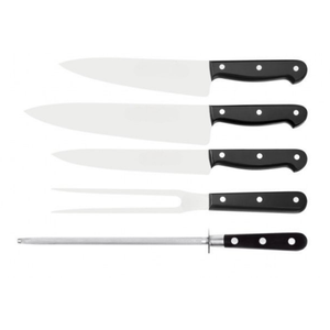 Ensemble de 9 couteaux de cuisine avec lames en acier inoxydable, manches rivetés noirs, bloc de rangement en bois et aiguiseur en acier - Product Image 6