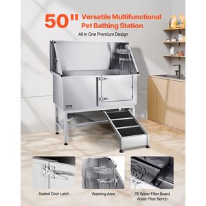 Vasca per toelettatura cani in acciaio inossidabile da 50 pollici con rampa, pannello filtro acqua in PE, rubinetto, soffione doccia e porta sapone per la pulizia e il bagno degli animali domestici - Product Image 2