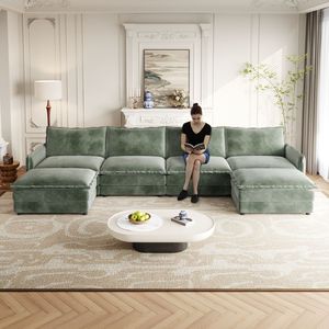 Divano a U in Tessuto Corduroy a 4 Posti, Set Comodo con Seduta Profonda, 2 Poggiapiedi Mobili, Divano Cloud Confortevole per Soggiorno - Product Image 1