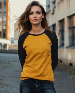 T-shirt à manches raglan et col en V pour femme, en jersey de coton, décontracté, à manches longues, coupe classique - Product Image 1