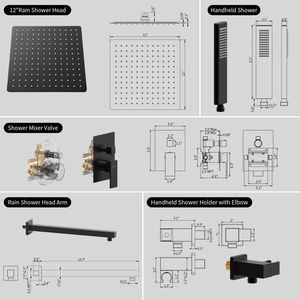 Set Rubinetteria Doccia e Vasca da Bagno Maschio Contemporaneo NPT, Soffione Doccia a Pioggia Nero Opaco da 12 Pollici, Sistema di Erogazione Acqua a Cascata per Vasca - Product Image 3