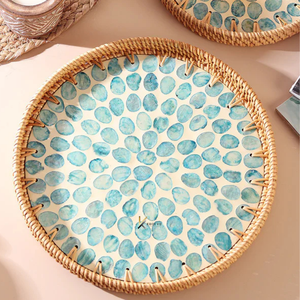Bandeja Redonda de Madera y Ratán con Elegante Incrustación de Madreperla Azul para Decoración del Hogar, Regalo de Inauguración y Presentación de Alimentos - Product Image 3