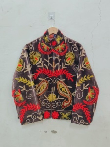 Women's Knitted Bomber <b>Jacket</b> <b>Mandarin</b> <b>Collar</b> Floral Hand Embroidery Full Sleeve Autumn Style Breathable 100% Cotton - Product Image 3