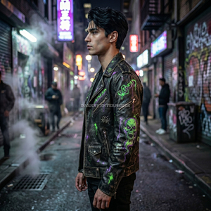 Chaqueta de Cuero Genuino de Piel de Vaca con Estampado Gráfico de Calavera Personalizado para Hombre, Estilo Punk, Motero, Ropa de Calle, Venta al por Mayor, Suministro de Marca - Product Image 4