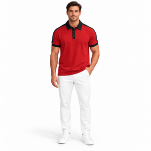 Polo Rojo de Manga Corta para Hombre con Diseño de Bloques de Color Negro, Tejido Piqué Informal, Transpirable, Corte Regular - Product Image 6