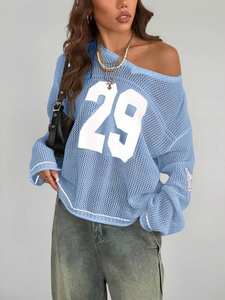 Suéter de punto personalizado al por mayor para mujer, jersey de malla oversize con gráfico numérico, estilo urbano, OEM ODM - Product Image 5