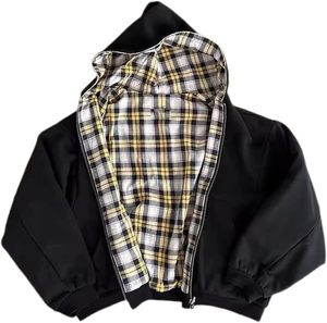 Digital print hoodie men plaid stripe reverse wearing oversized winter fall street style <b>jacket</b> - Product Image 2
