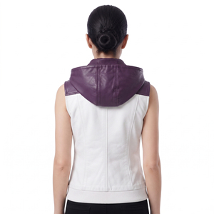 Women Zip-Up Leather Hoodie Vest Female Sleeveless Leather Hood Girls Front <b>Zipper</b> Pocket Leather Sleeveless Hooded - Product Image 2
