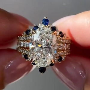Elegant Oval Cut Engagement <b>Ring</b> Sterling Silver Gold Plated 4 Prong Full Eternity Blue White Stone Wedding Band Diamond - Product Image 1