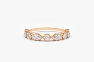 Anillo de Boda de Oro de 14k con Diamantes Marquise y Redondos de 0.55 CT, Anillo de Aniversario con Milgrain - Product Image 2