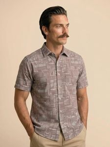 Camisa Casual de Lino/Algodón para Hombre, de Manga Corta, con Estampado Geométrico, Cuello Clásico, Transpirable, Estilo Veraniego - Product Image 2