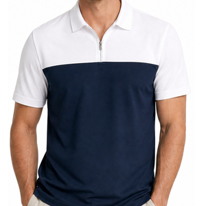 Camiseta Clásica de Cuello Alto con Cierre de Cremallera para Hombre, Tejido de Poliéster, Logotipo Frontal, Secado Rápido, Alta Calidad, Corte y Confección de Primera, Color Azul Marino y Blanco - Product Image 4