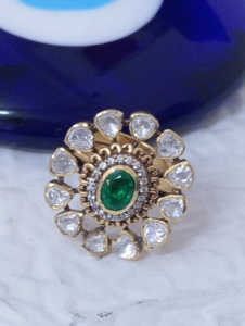 flower Shape <b>cocktail</b> <b>Ring</b> green oval doublet Stone <b>Gold</b> Plated Women party wedding Jewelry Glam Indian Style adjustable <b>ring</b> - Product Image 2