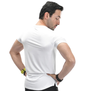 T-shirt de sport pour homme personnalisé blanc à séchage rapide, coupe semi-ajustée, en maille extensible polyester élasthanne, pour entraînement en salle de sport, OEM - Product Image 2
