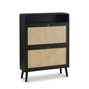 Meuble de rangement à chaussures moderne en rotin avec structure en bois massif et 2 tiroirs rabattables pour appartement, entrée et salon - Product Image 1