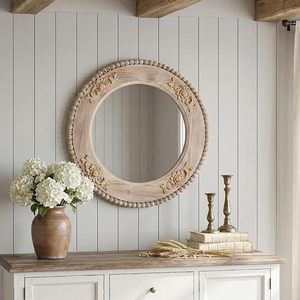 Vintage Round Wooden Wall <b>Mirror</b> <b>Hand</b> Carved Decorative Accent <b>Mirror</b> Rustic Farmhouse Home Decor - Product Image 2