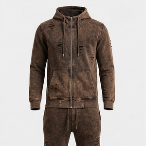 Conjunto de Chándal Ligero de Algodón Sólido con Parche Bordado Desgastado Personalizado, Estilo Casual de Invierno, Pantalones Deportivos con Lavado Ácido - Product Image 1