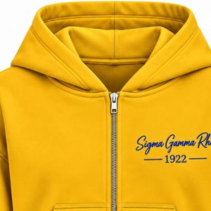 Sudadera con capucha amarilla con cremallera y bordado azul Sigma Gamma Rho 1922, sudadera de forro polar personalizada para hermandades, con bolsillo canguro y puños acanalados - Product Image 2