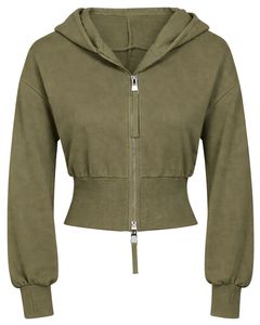 Womens Olive Green <b>Cropped</b> <b>Zip</b> <b>Up</b> Hoodie Slim Fit Long Sleeve Casual Streetwear Cotton Fleece Sweatshirt Custom Logo ODM Factory - Product Image 1
