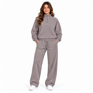 Ensemble de survêtement deux pièces pour femme 100 % coton, manches longues, demi-zip, hiver, avec pantalon de jogging respirant - Product Image 1