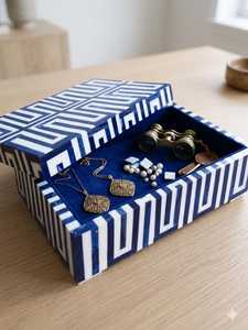 Handmade Blue Bone Inlay Jewelry <b>Box</b> Geometric Pattern Jewelry Storage Organizer Decorative Keepsake <b>Trinket</b> <b>Box</b> for Home Decor - Product Image 2
