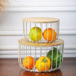Panier à fruits empilable moderne en fil de fer écologique avec couvercle en bois pour rangement de cuisine, support alimentaire de forme circulaire - Product Image 1