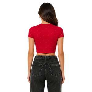 Y2K Style Rhinestone <b>Crop</b> <b>Top</b> Women's Shirts Custom <b>Red</b> Baby Tee Slim Stretch Blouse Streetwear Summer <b>Top</b> OEM Supplier - Product Image 2