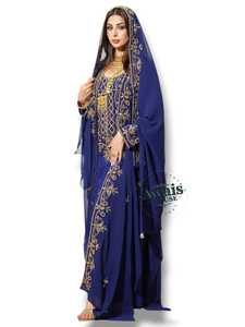 Avais House Women's Plus Size Blue Embroidered Polyester Abaya Long Sleeve Floor Length Elegant Wedding Dress Golden Detailing - Product Image 2