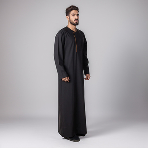Men's Black Solid Polyester Thobe Long Sleeve Ankle Length Sweetheart Neckline Embroidered Breathable Casual Eid Party Wear - Product Image 3