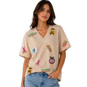 เสื้อยืดผู้หญิงคุณภาพสูง ผ้าฝ้าย 100% ลายอุปกรณ์การเรียนแบบปะติดปะต่อ สำหรับฤดูใบไม้ผลิ/ฤดูร้อน - Product Image 3