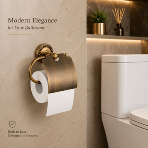 Porte-papier toilette en laiton antique avec couvercle, support mural de luxe pour rouleau de papier toilette, accessoire élégant pour salle de bain - Product Image 2