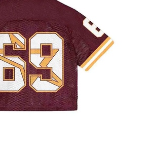 Maillot de football américain unisexe bordeaux en mesh, numéro 69, impression sublimée, respirant, manches courtes, coupe classique, adulte, lettres sur le devant - Product Image 6