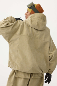 Unisex Corduroy Hooded Safari <b>Jacket</b> Set <b>Waterproof</b> Workwear Style <b>Winter</b> Thick Pockets Zipper Closure Solid Color Loose Fit - Product Image 4