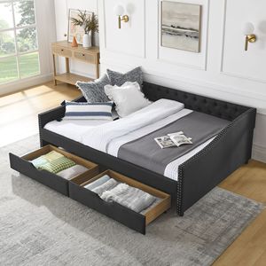 Divano letto imbottito trapuntato Queen Size con cassetti, 84.5x63.5, braccioli con borchie color rame e schienale a bottoni - Product Image 1