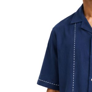 เสื้อเชิ้ตคิวบาคอปกสีน้ำเงินกรมท่า แขนสั้น ปักลายสีขาว ผ้าฝ้ายลินิน ติดกระดุม ลำลอง แฟชั่นชายหาดฤดูร้อน - Product Image 3