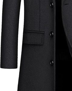 Manteau long élégant pour femme, noir uni, manches longues, col à revers, simple boutonnage, en polyester, pour l'hiver - Product Image 3