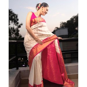 BANARASI TRADICIONAL SUAVE SEDA TEJA TRABAJO SAREE CON BLUSA SIN COSTAR DE BLANCO - Product Image 1