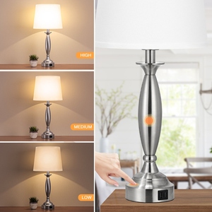 Elegant design Brushed Silver <b>Table</b> Lamp Set of 2 Modern <b>Bedside</b> Nightstand Light <b>USB</b> Charging Port White Fabric Shade Bedroom - Product Image 3
