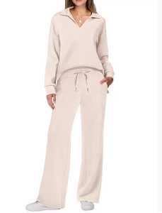 Conjunto Deportivo de Mujer de Color Sólido, Pantalones Largos con Cordón, Cuello Camisero, Manga Larga, Ropa Casual Transpirable de Algodón para Otoño - Product Image 3