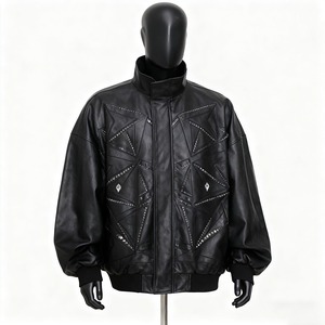 Blouson moto en cuir PU vert olive pour homme, col rabattu, fermeture éclair, motif géométrique en relief, coupe classique, pour l'automne - Product Image 6
