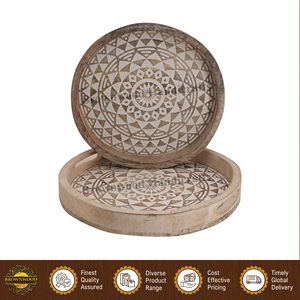 Excellent Quality White <b>Wash</b> Color Solid Mango Wood Handmade Round Food Serving Tray with Handles <b>Set</b> of 2 for Restaurants - Product Image 6