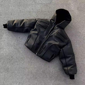 Men's Black Frux Leather Hoodied Puffer <b>jacket</b>- Streetwear <b>Zip</b>_<b>Up</b> Winter Coat Custom Logo - Product Image 1