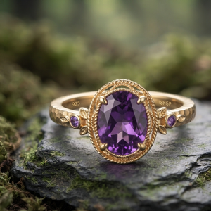 Anillo de Plata 925 Chapado en Oro de 18K con Incrustaciones de Circonio Morado Ovalado Creado en Laboratorio, Banda Martillada con Detalle de Hoja, Joyería de Moda para Mujer - Product Image 1