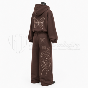 Conjunto Deportivo con Capucha para Mujer, Color Marrón, Manga Larga, Bordado Floral, Corte Holgado, Estilo Casual para Otoño, con Pantalones con Cordón - Product Image 4