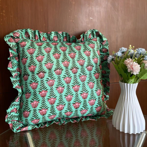 Meilleures Housses de Coussin Bohèmes en Coton Faites à la Main, Luxe, Imprimé Indien au Bloc, Volants, Motifs Floraux, Personnalisables - Product Image 1