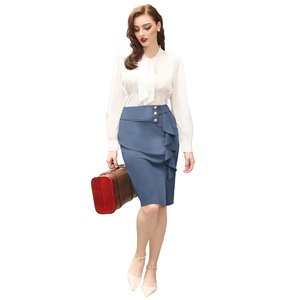 Faldas midi de oficina ajustadas con volantes y abertura frontal de cintura alta estilo vintage para mujer al por mayor - Product Image 4