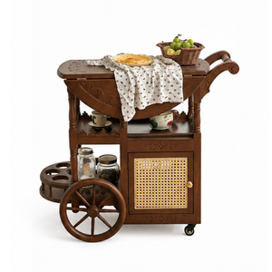 Handmade Solid Teak Wood <b>Serving</b> <b>Trolley</b> Cart With Rattan Door Vintage Kitchen Bar Cart Storage Furniture for Cafe Restaurant - Product Image 1