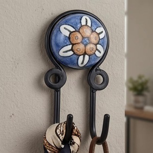 Handmade Ceramic Wall Hook 2 Hooks Rustic Style for Clothing Storage <b>Beads</b> <b>Art</b> From Uttar Pradesh - Product Image 3