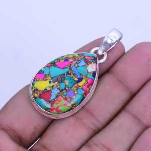 Kingman Turquoise Pear Pendant Handmade 925 Sterling Silver Boho Jewelry Statement Gift <b>For</b> Women <b>Men</b> - Product Image 4