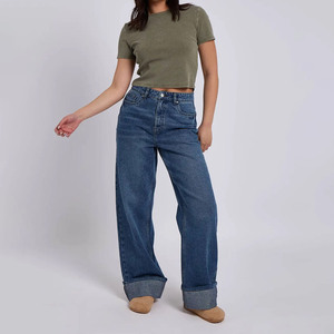 Jeans de mujer de talla grande de cintura alta y pierna ancha en azul oscuro, de algodón lavado a la piedra, casuales, de mezclilla de longitud completa con cierre de botones - Product Image 1